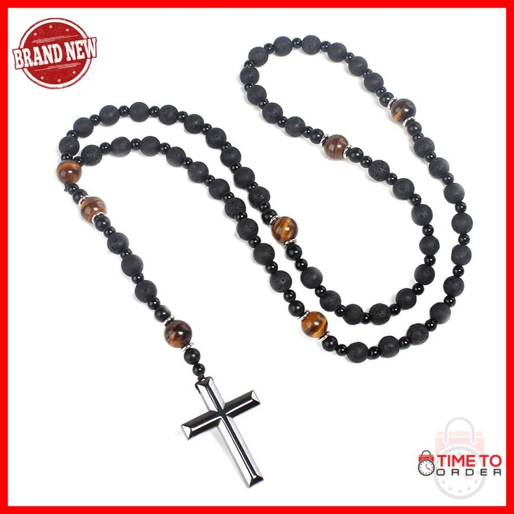 Men's Healing Crystal Cross Necklace with Tiger Eye Obsidian Lava Rock